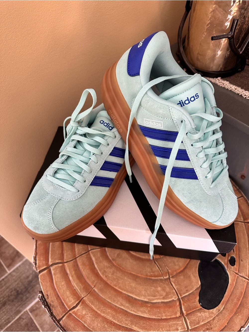 adidas Mint Suede Sneakers with Blue Stripes and Gum Sole